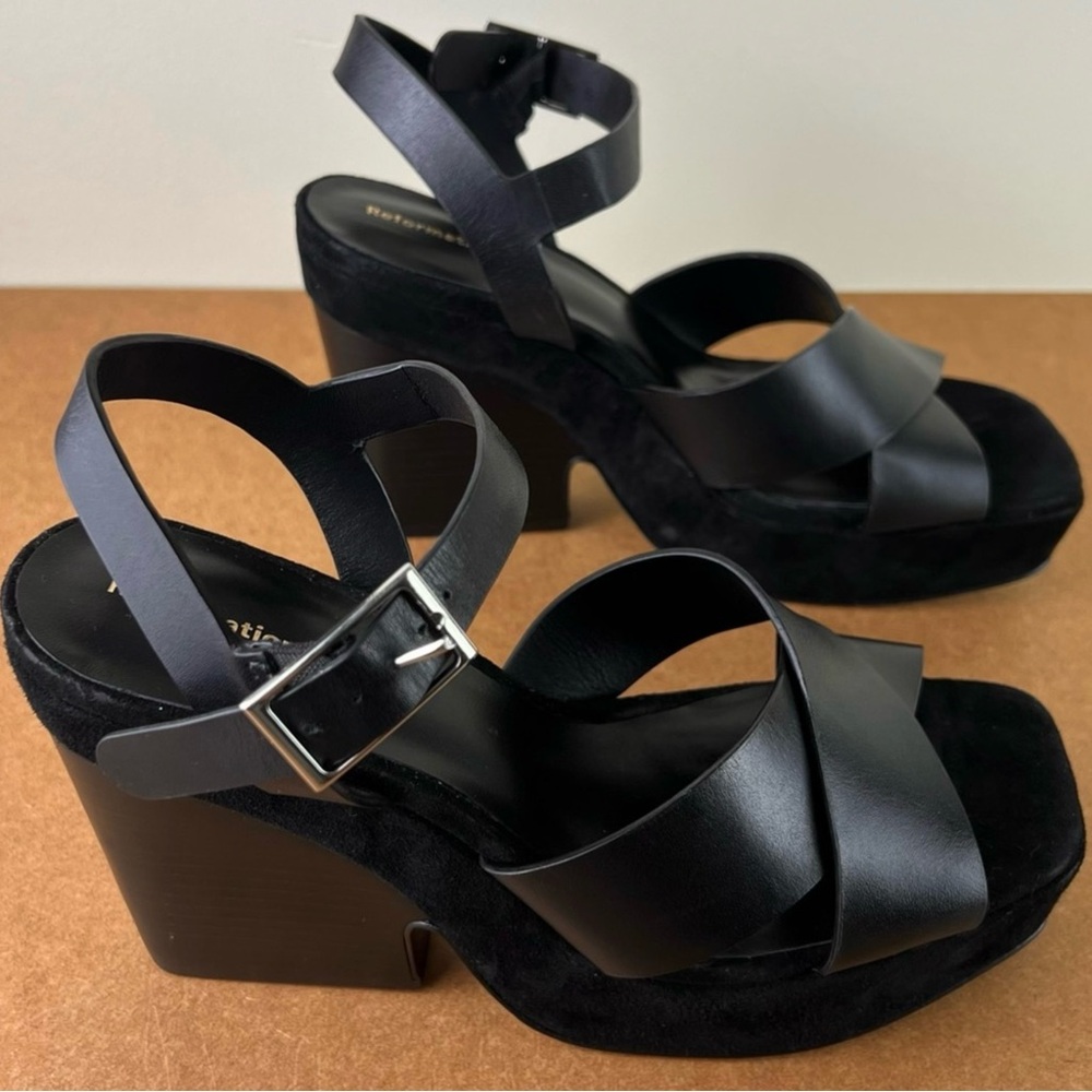 REFORMATION BLACK LEATHER PLATFORM SANDALS - Picture 3 of 13